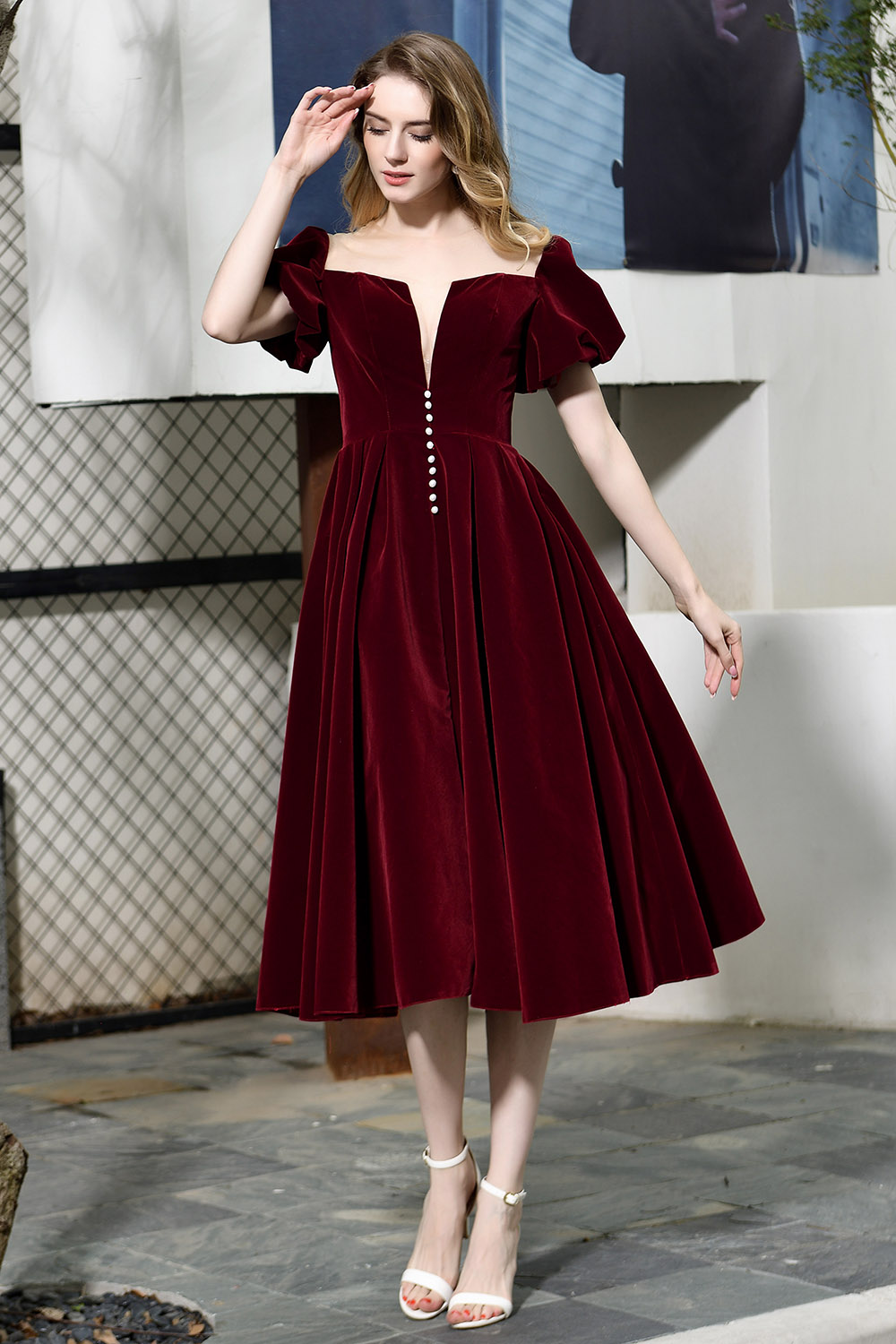 A-line Jewel Neck Short Sleeves Tea-length Velvet Homecoming Dress With Pearls 6