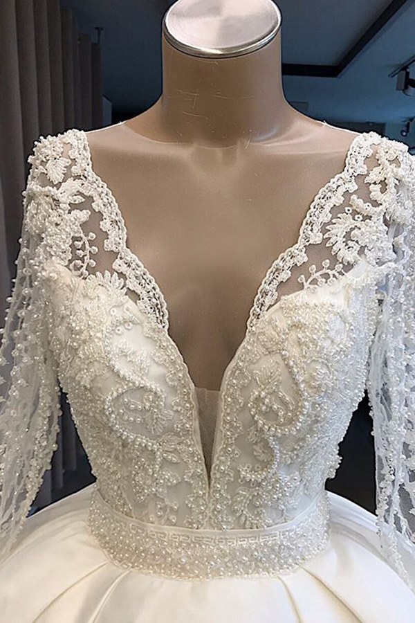 Ball Gown Plunging Neckline Long Sleeves Floor-length Tulle Wedding Dress With Appliques 3