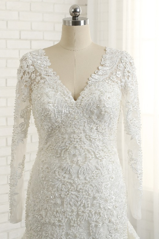 Mermaid V-neck Long Sleeves Floor-length Tulle Bridal Attire With Appliques 4