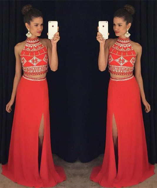 Column High Neck Sleeveless Floor-length Evening Dress With Crystal 2
