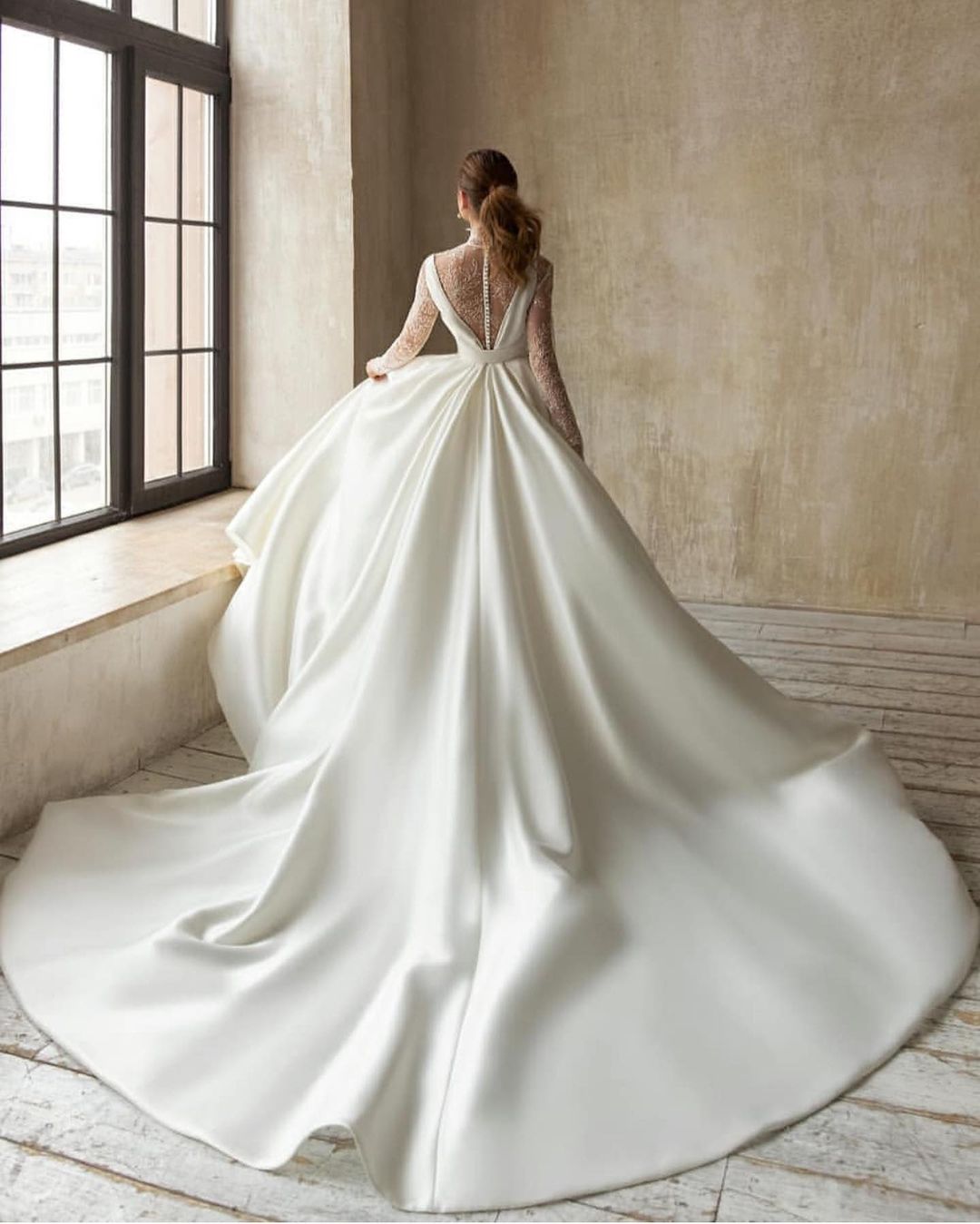 A-line Plunging Neckline Long Sleeves Court Train Satin Wedding Gown With Lace 2