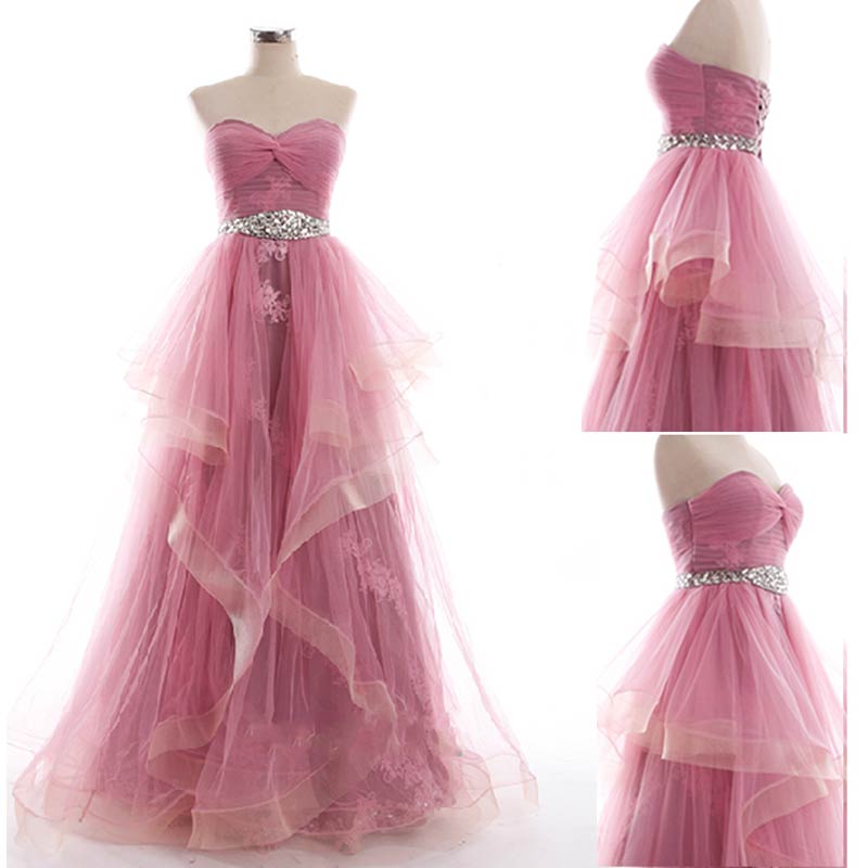 A-line Sweetheart Neck Sleeveless Floor-length Tulle Formal Dress With Crystal 2