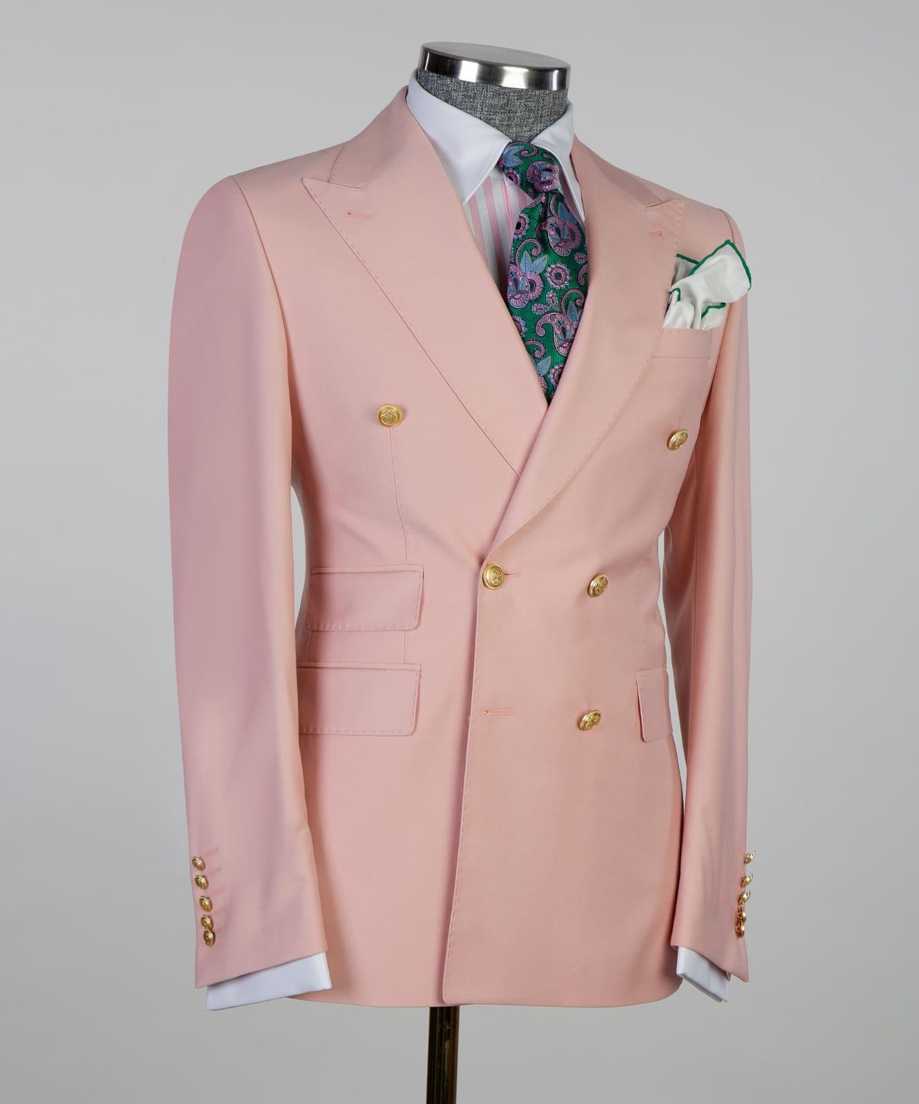 Pink Double Breasted Men Suit with Peaked Lapel 2