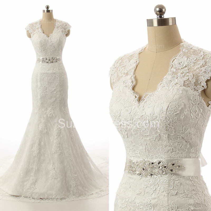 Mermaid V-neck Sweep / Brush Train Bridal Attire With Lace 4
