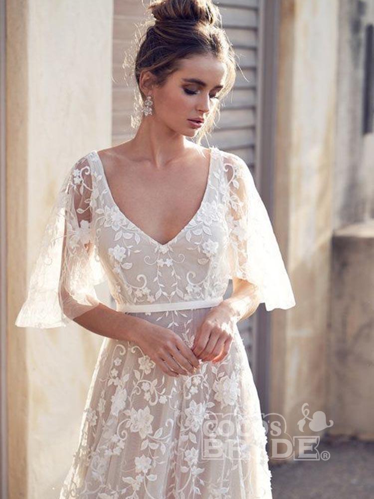 V-neck Half-Sleeves Tulle Bridal Dress With Lace 3
