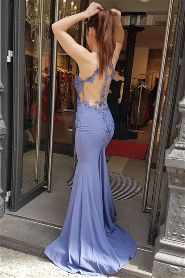 Mermaid Halter-neck Sleeveless Sweep / Brush Train Evening Gown With Appliques 2