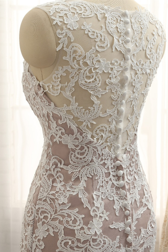 Mermaid Straps Jewel Neck Sleeveless Floor-length Stretch Satin Wedding Dress With Appliques 5