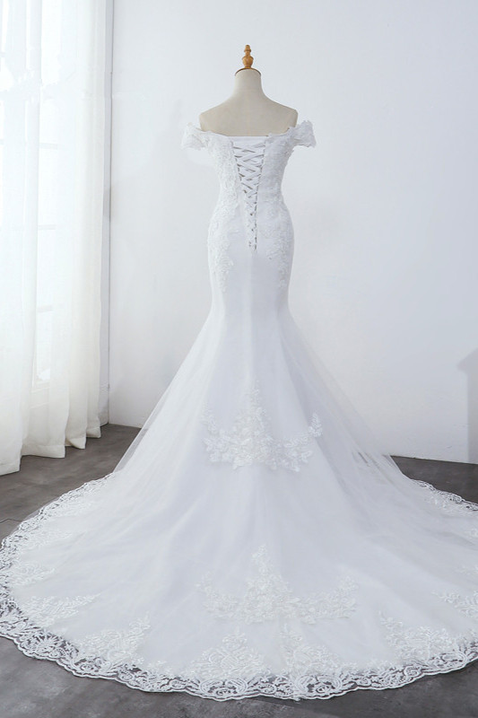 Mermaid Off-the-shoulder Short Sleeves Floor-length Tulle Wedding Dress With Appliques 2