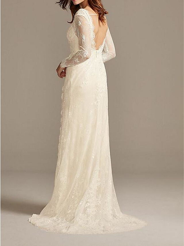 A-line V-neck Long Sleeves Floor-length Tulle Wedding Gown With Lace 2