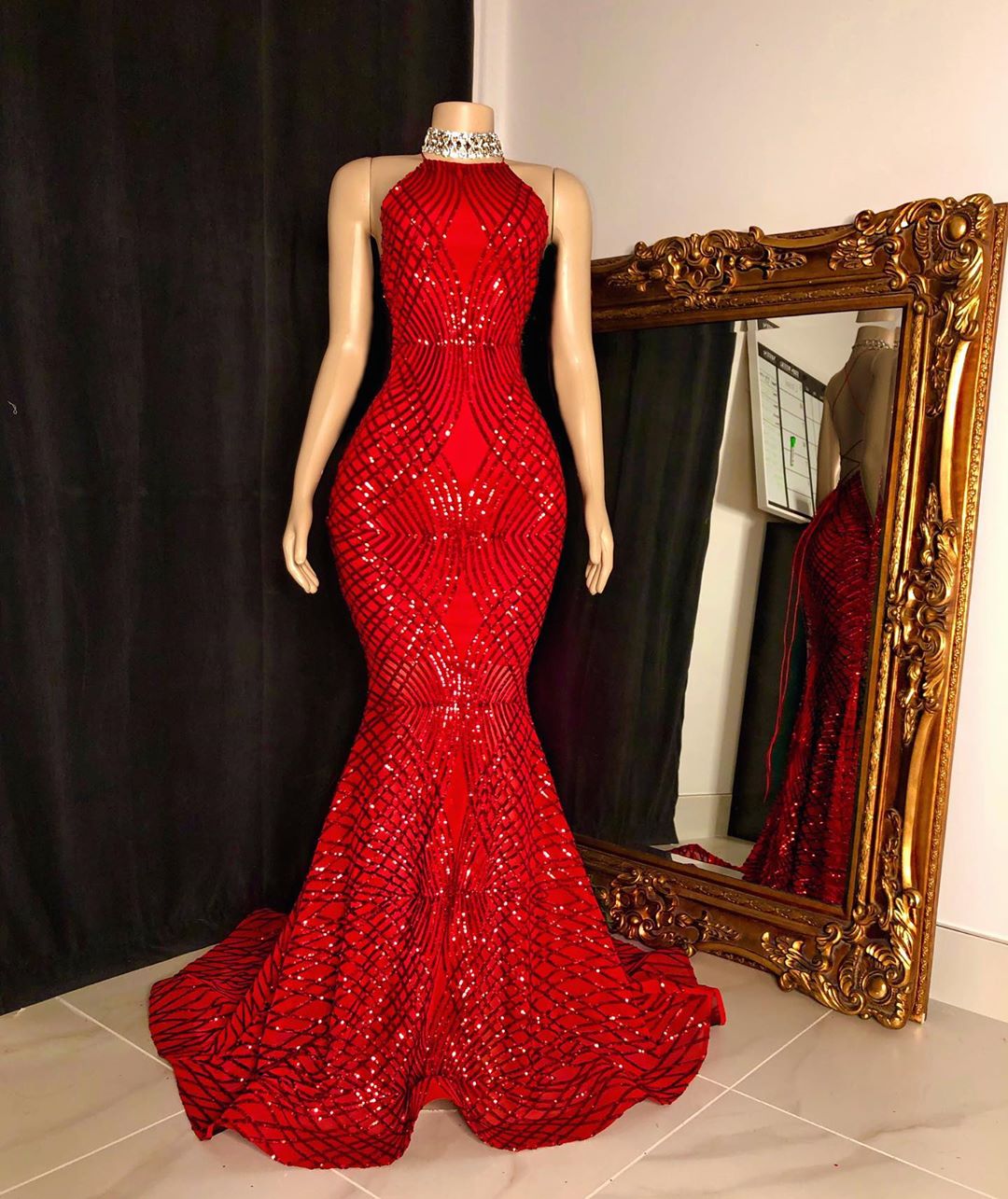 Mermaid High Neck Sleeveless Floor-length Satin Formal Dress With Sequins 2