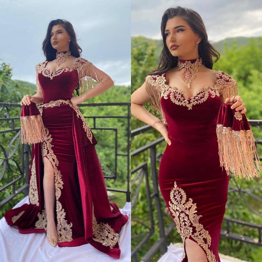 Mermaid High Neck Sleeveless Sweep / Brush Train Velvet Evening Dress With Lace 2