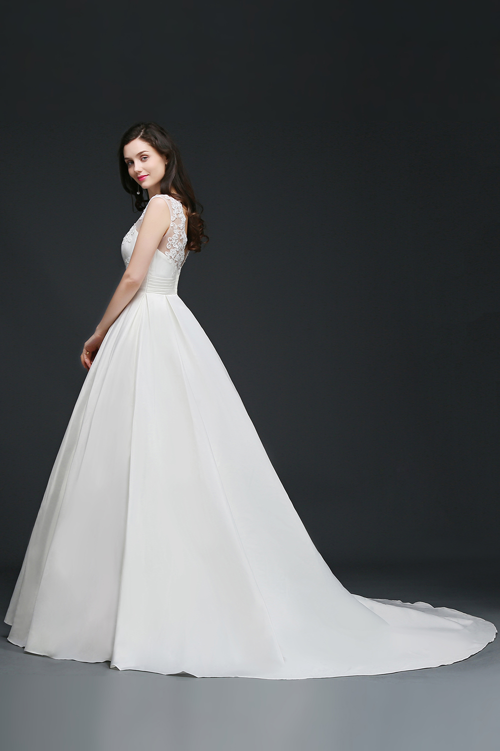 A-line Jewel Neck Sleeveless Court Train Satin Bridal Dress With Lace 4
