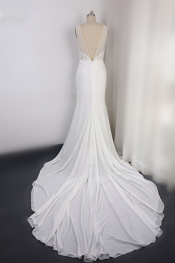 Column Plunging Neckline Sleeveless Floor-length 100D Chiffon Bridal Gown With Lace 2