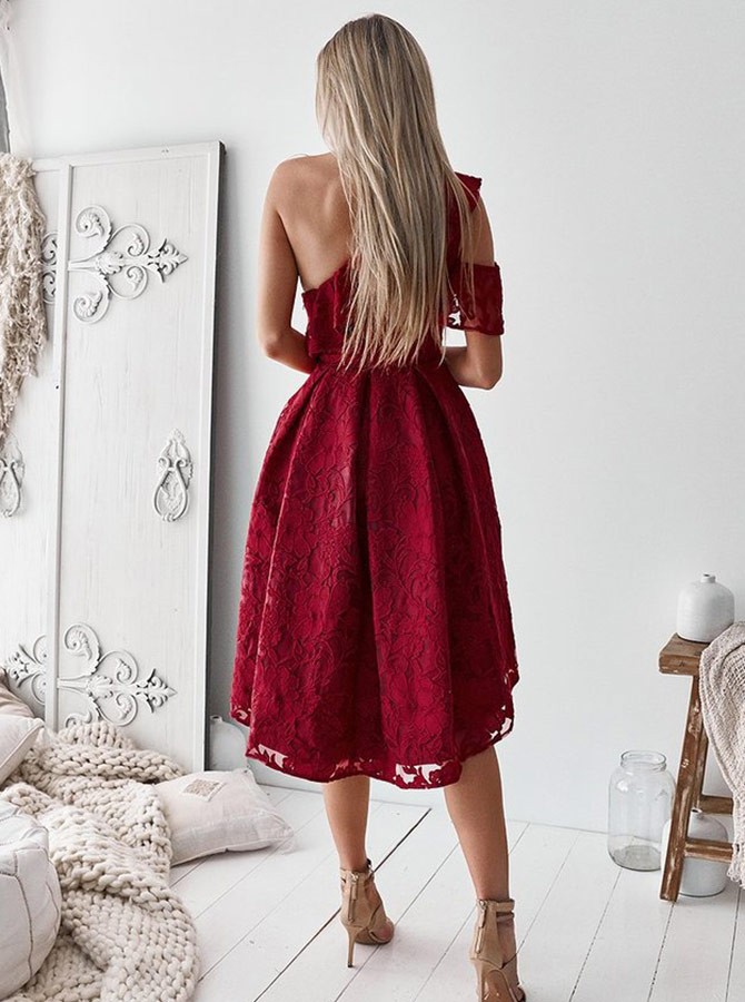 A-line One Shoulder Sleeveless Hi-Lo Cocktail Party Dress With Lace 2