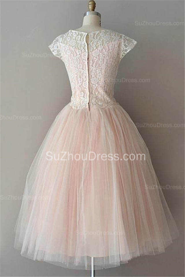 A-line Short Sleeves Knee-length Tulle Cocktail Party Dress With Lace 3