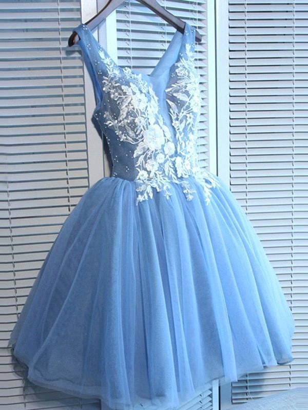 A-line V-neck Cap Sleeves Mini Tulle Cocktail Party Dress With Appliques 3