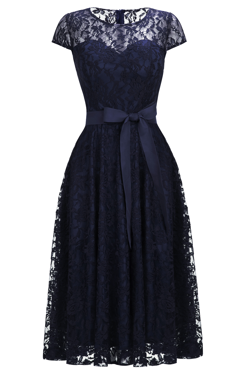 A-line Jewel Neck Short Sleeves Tea-length Lace Bridesmaid Outfit With Ribbons 5