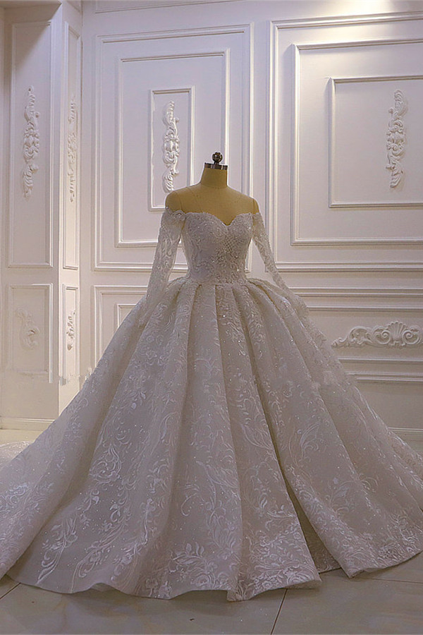 Ball Gown Strapless Long Sleeves Floor-length Tulle Bridal Dress With Lace 2