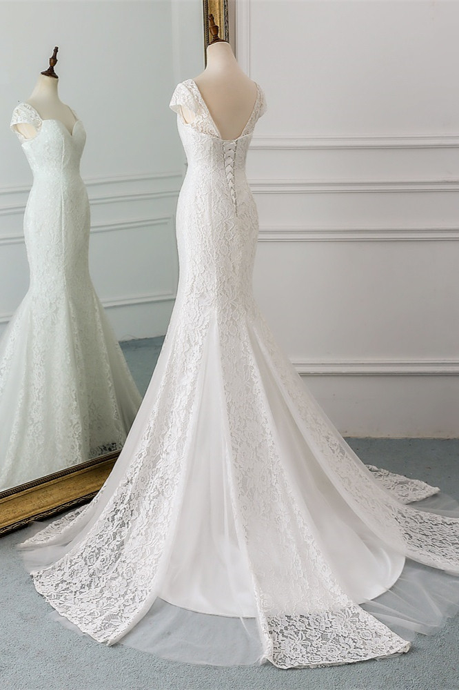 Mermaid Sweetheart Neck Cap Sleeves Floor-length Lace Wedding Dress With Lace 4