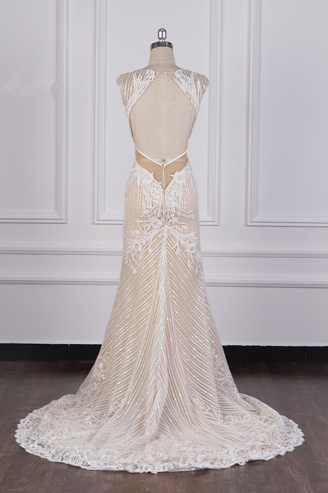 Mermaid V-neck Sleeveless Floor-length Tulle Wedding Gown With Beading 2