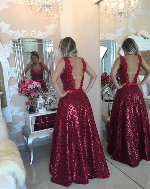 A-line V-neck Sleeveless Floor-length Evening Dress With Sequins 2