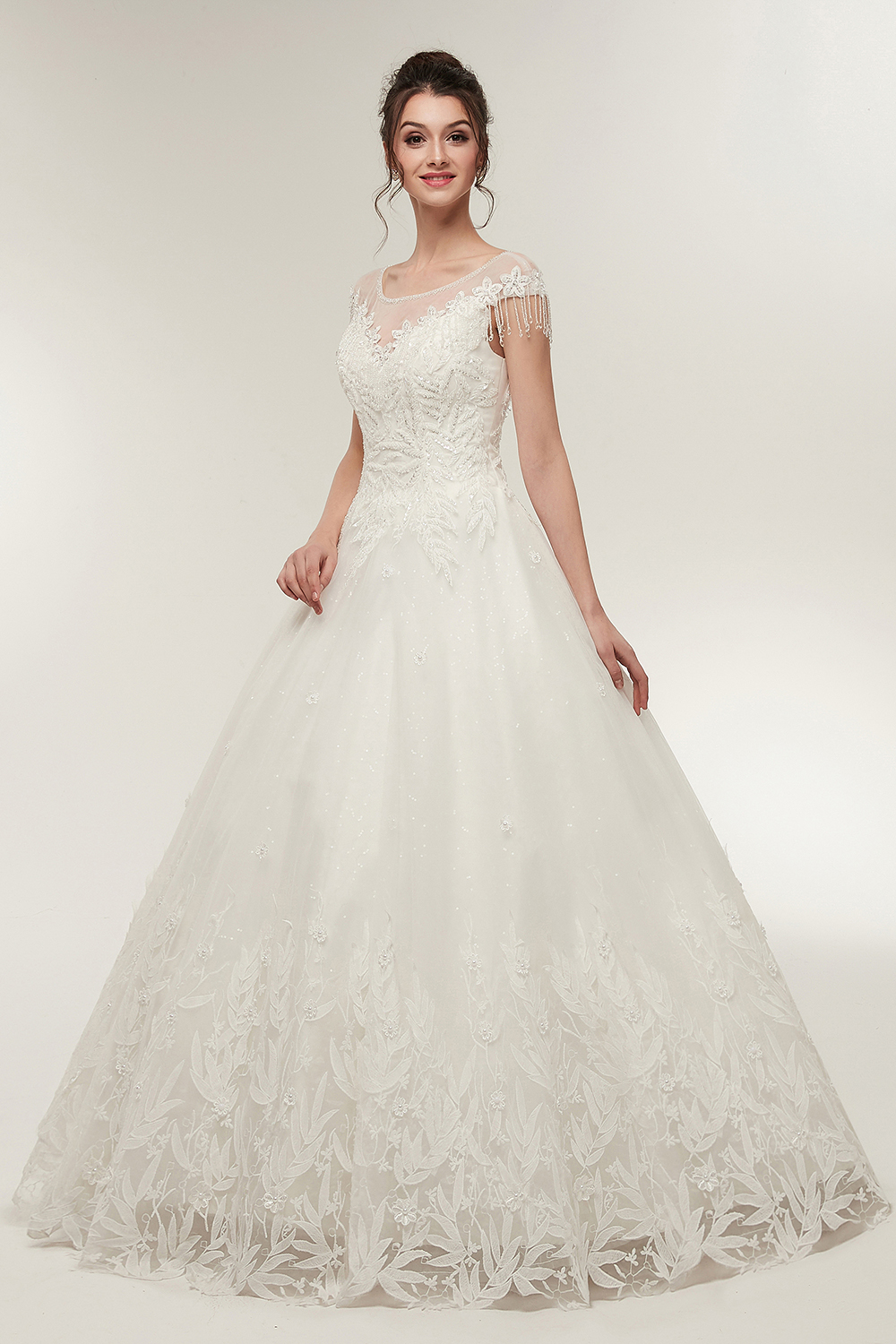 Jewel Neck Short Sleeves Floor-length Tulle Wedding Dress With Ruffles 6