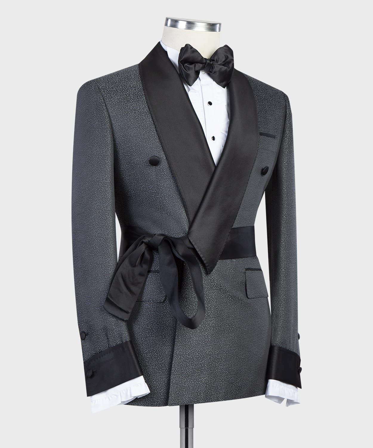 Grey Double Breasted Two Pieces Men Suit with Black Shawl Lapel 2