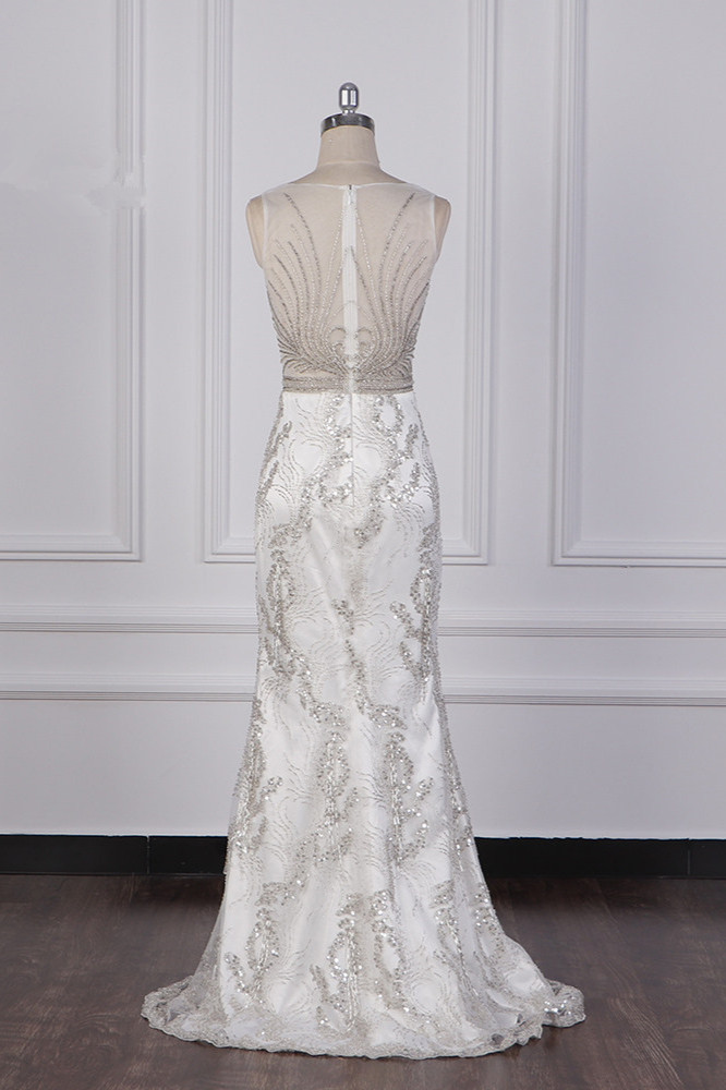Column V-neck Sleeveless Floor-length Tulle Bridal Attire With Beading 2