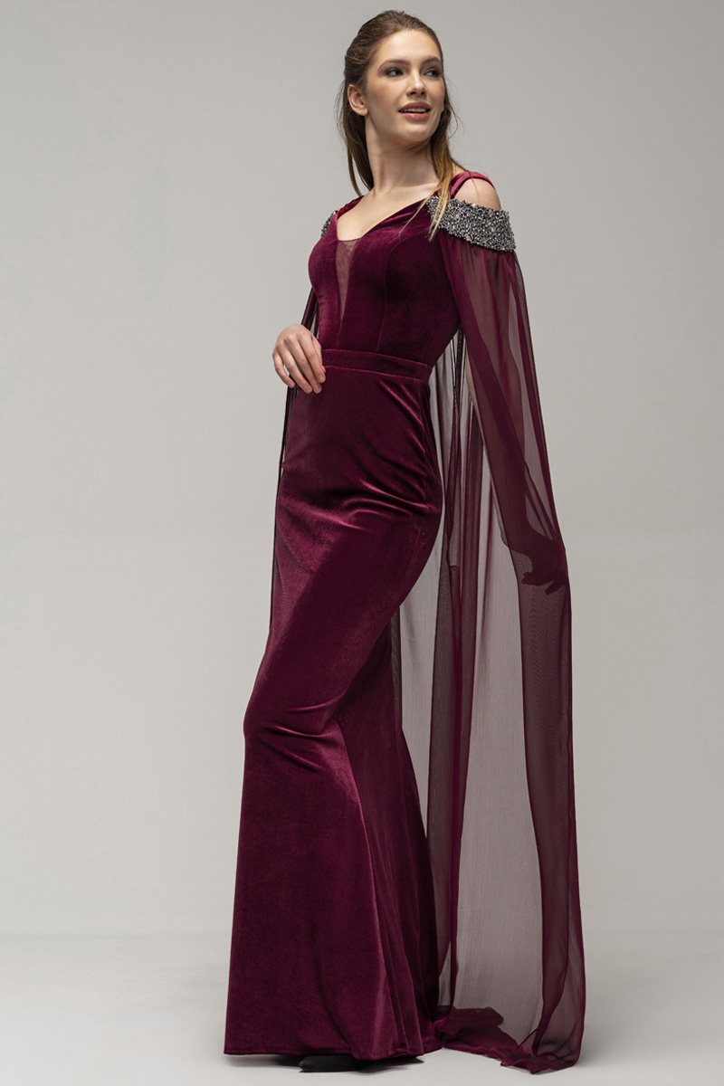 Mermaid Plunging Neckline Sleeveless Floor-length Velvet Formal Dress With Crystal 2