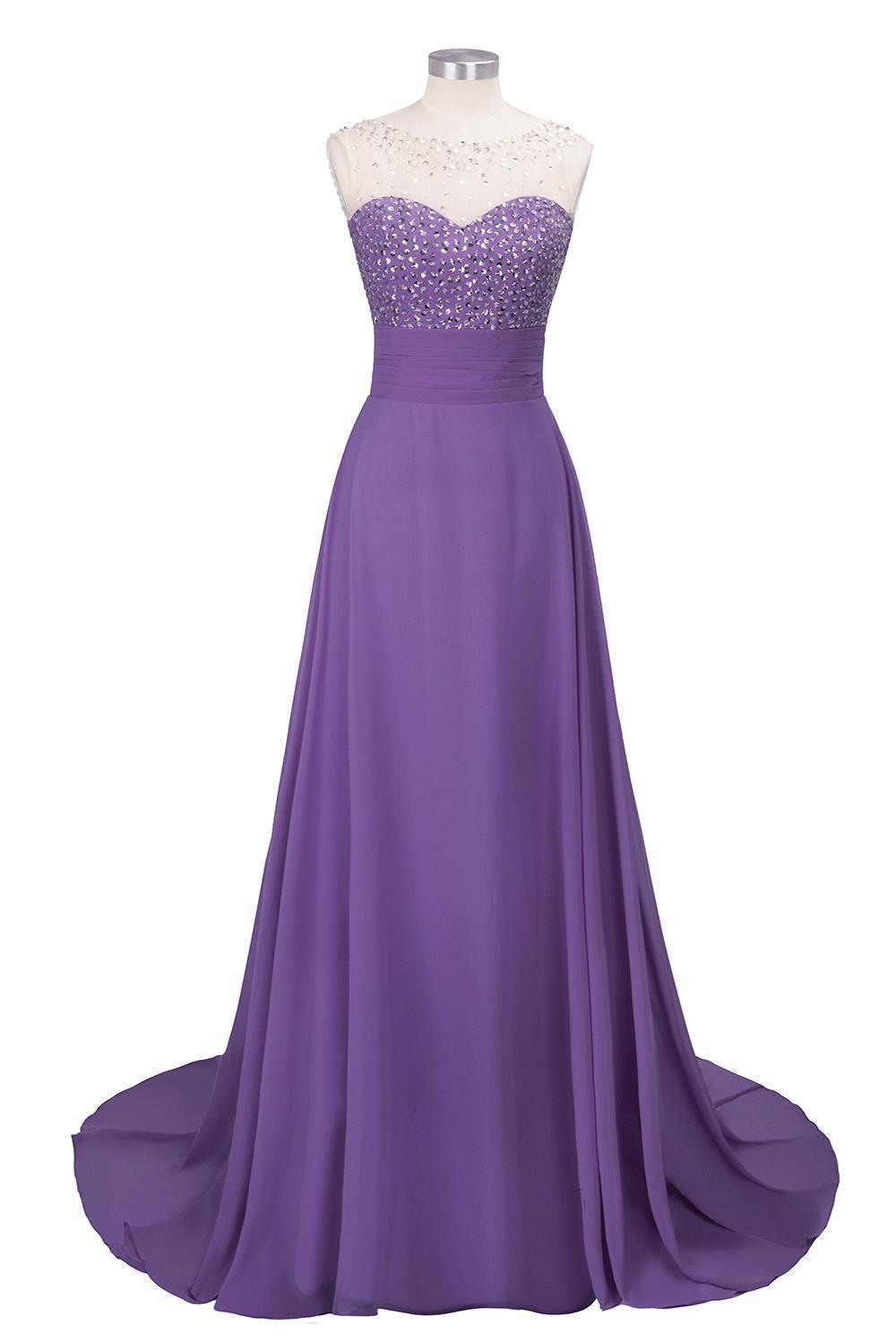 A-line Jewel Neck Sleeveless Court Train 100D Chiffon Evening Dress With Beading 6