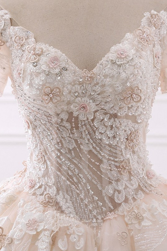 A-line V-neck Short Sleeves Floor-length Tulle Wedding Dress With Appliques 5