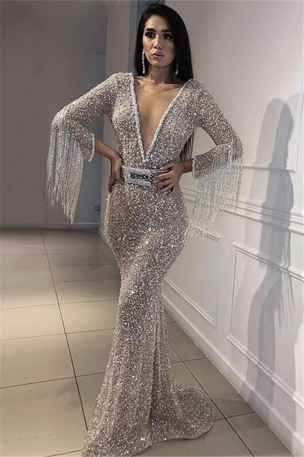 Mermaid Plunging Neckline Floor-length Evening Dress With Crystal 2