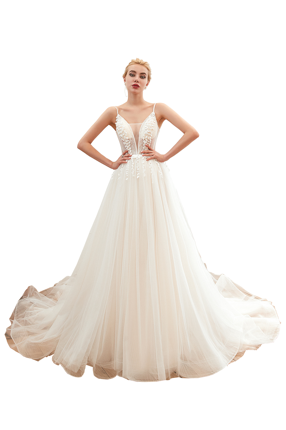 A-line Plunging Neckline Sleeveless Cathedral Train Tulle Wedding Gown With Flower(s) 3