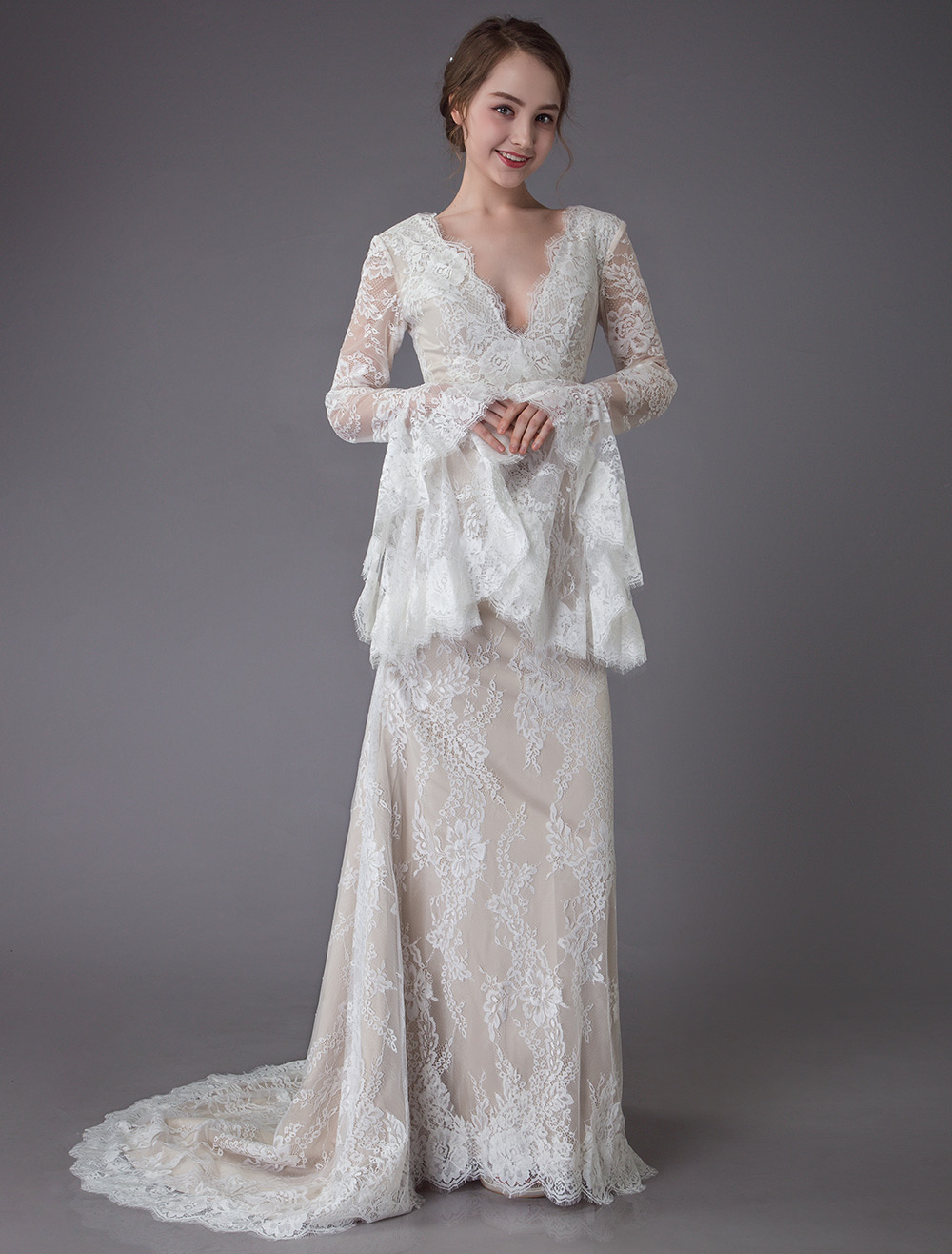 Column Plunging Neckline Long Sleeves Court Train Lace Bridal Dress With Lace 7