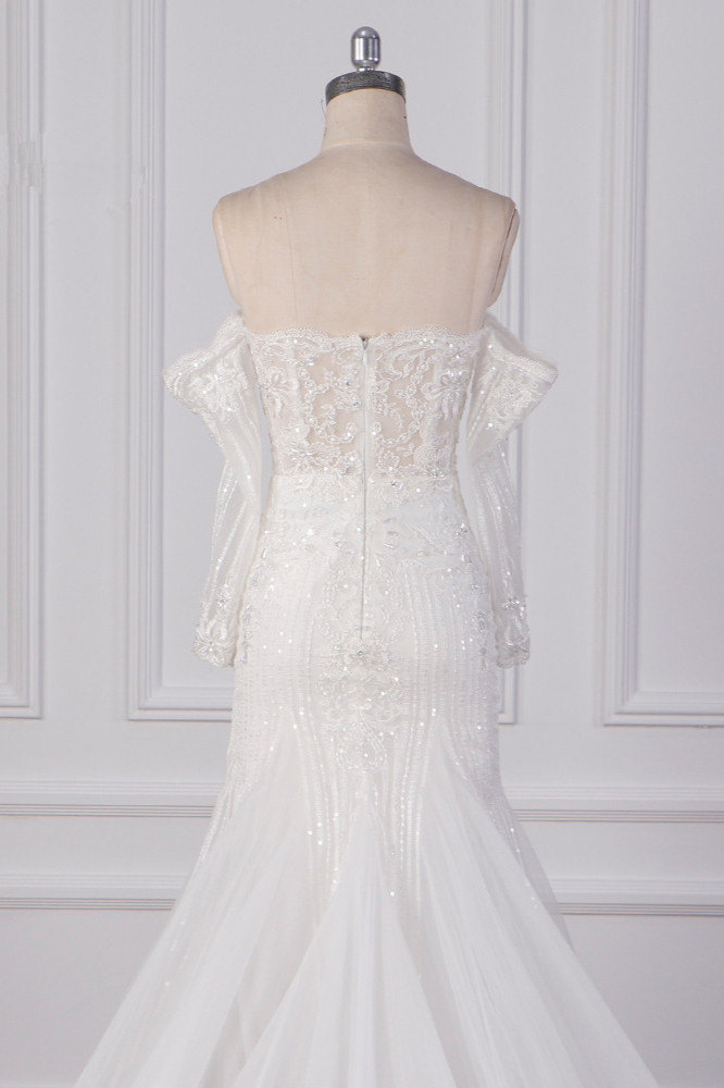 Mermaid Strapless Long Sleeves Floor-length Tulle Wedding Dress With Lace 6