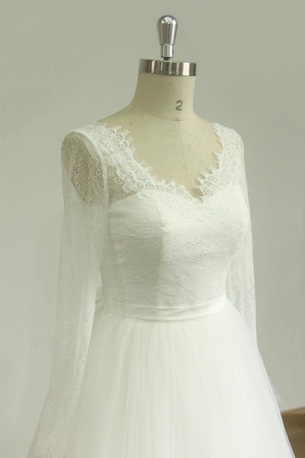 A-line V-neck Long Sleeves Court Train Tulle Wedding Gown With Ribbons 3
