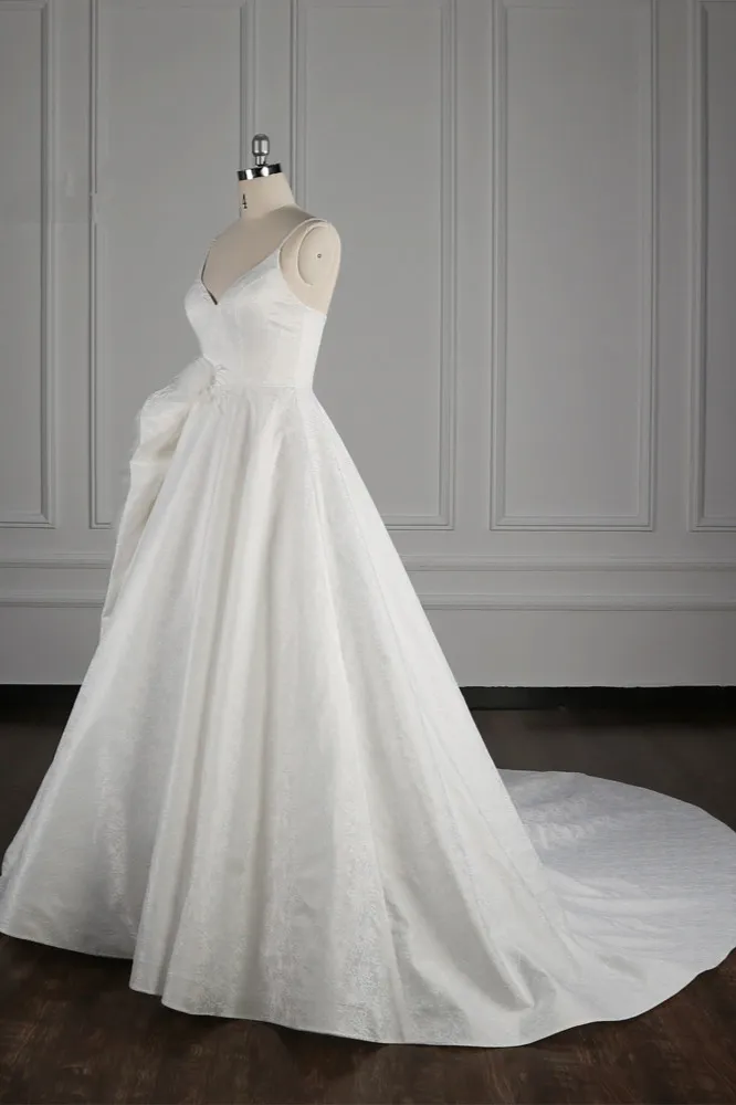 A-line Spaghetti Straps V-neck Sleeveless Floor-length Satin Bridal Dress With Ruffles 3