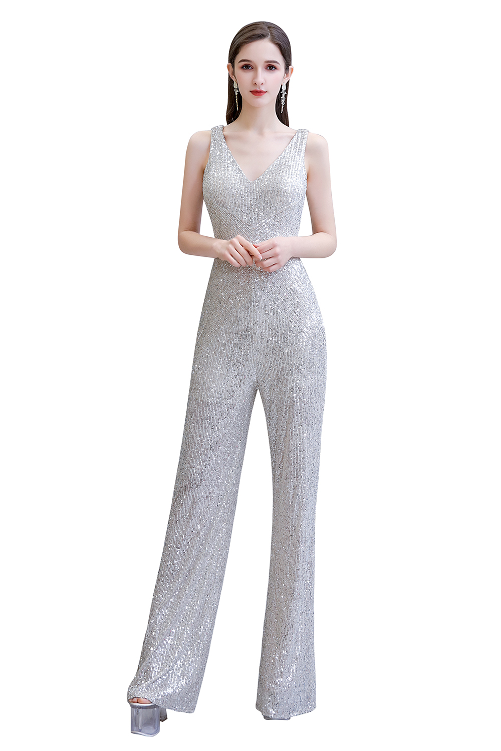 Shining V-neck Silver Sequin Sleeveless Prom Jumpsuit 25