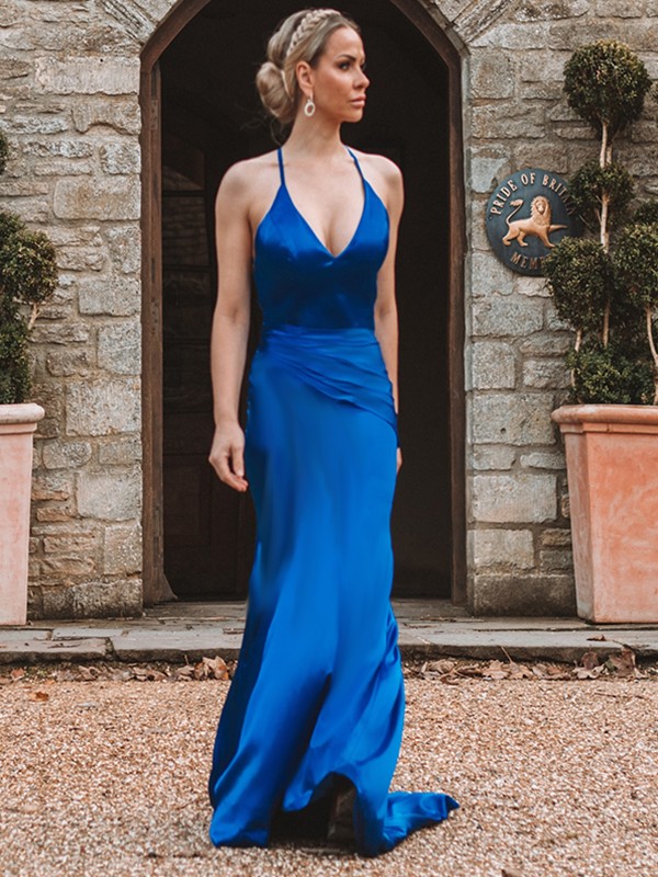 A-line V-neck Sleeveless Sweep / Brush Train Evening Gown With Ruffles 2