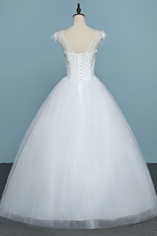 A-line Jewel Neck Sleeveless Floor-length Tulle Wedding Gown With Appliques 2
