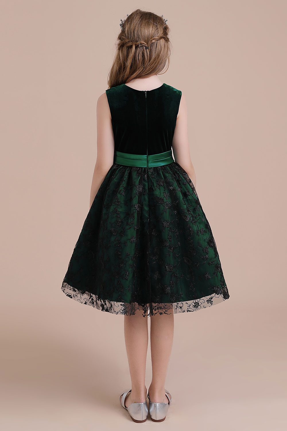 A-line Jewel Neck Sleeveless Knee-length Velvet Flower Girl Dress With Lace 2