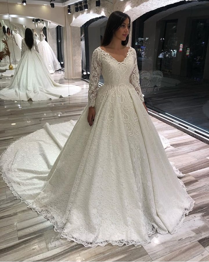 A-line V-neck Long Sleeves Court Train Lace Bridal Dress With Ruffles 3