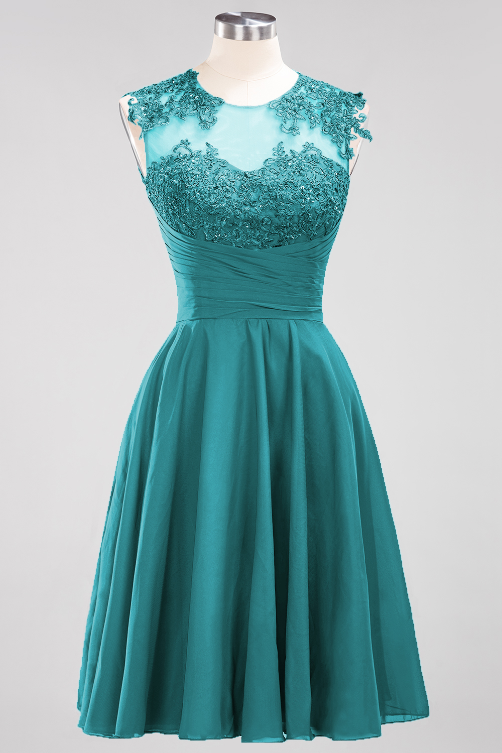 A-line Jewel Neck Sleeveless Knee-length 100D Chiffon Bridesmaid Dress With Appliques 33