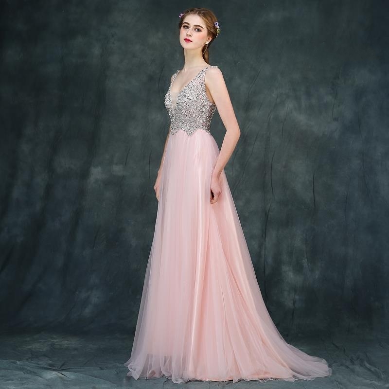 A-line V-neck Sleeveless Court Train Tulle Formal Dress With Beading 2