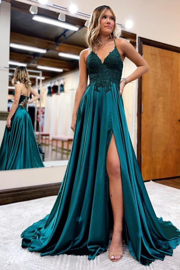 A-line Spaghetti Straps Sleeveless Floor-length Stretch Satin Evening Dress With Ruffles 3