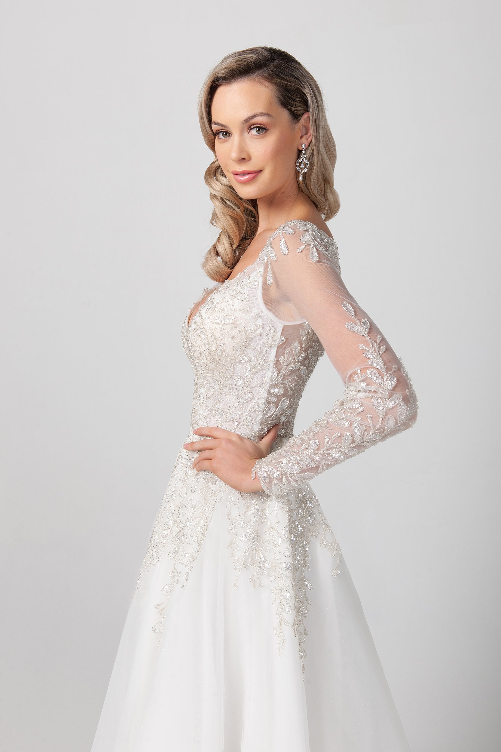 A-line Plunging Neckline Long Sleeves Floor-length Elastic Silk-like Satin Bridal Attire With Sequins 4