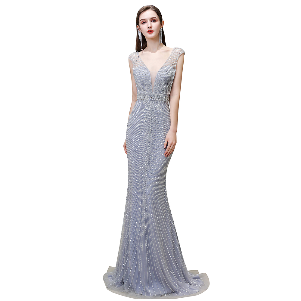 Mermaid V-neck Sleeveless Court Train Tulle Formal Dress With Rhinestone 15