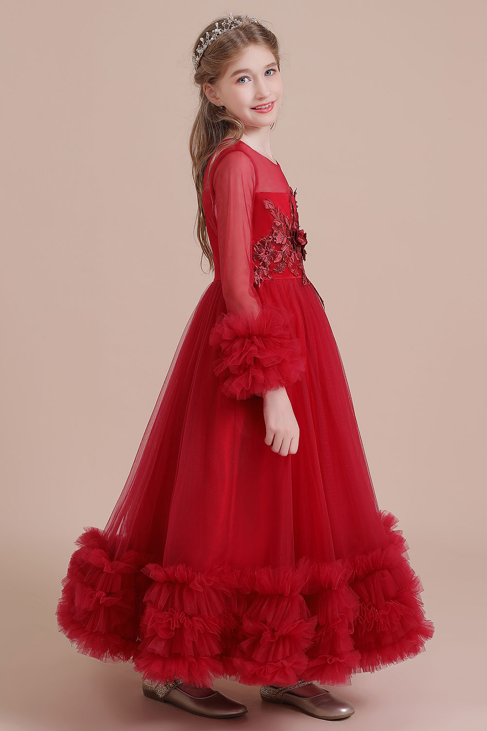 A-line Jewel Neck Long Sleeves Ankle-length Tulle Flower Girl Dress With Cascading Ruffle 7