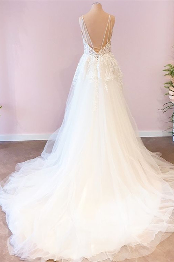 A-line Plunging Neckline Sleeveless Sweep / Brush Train Tulle Wedding Gown With Appliques 2