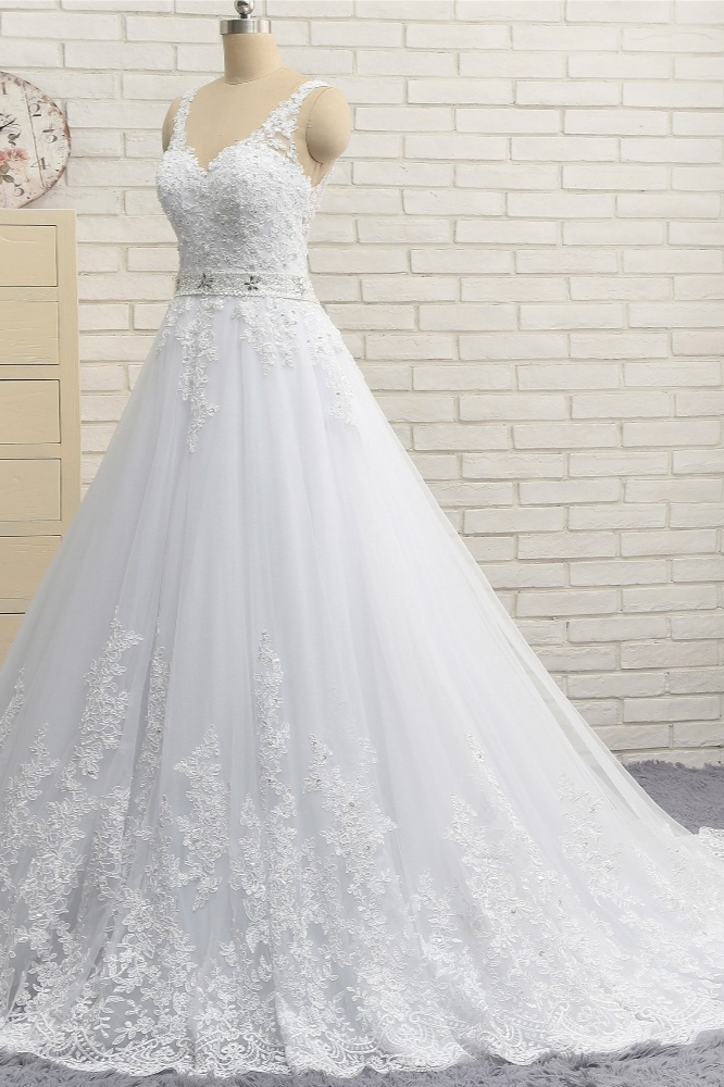 A-line Straps V-neck Sleeveless Court Train Tulle Bridal Attire With Appliques 3